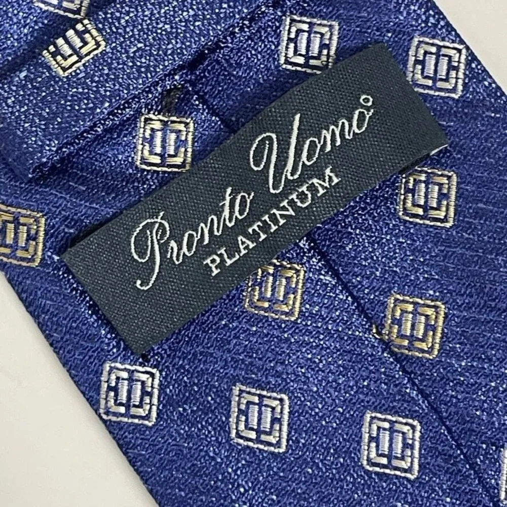 Pronto Uomo Platinum Designer Necktie Silk Blue Pewter‎ Gold Squares Tie